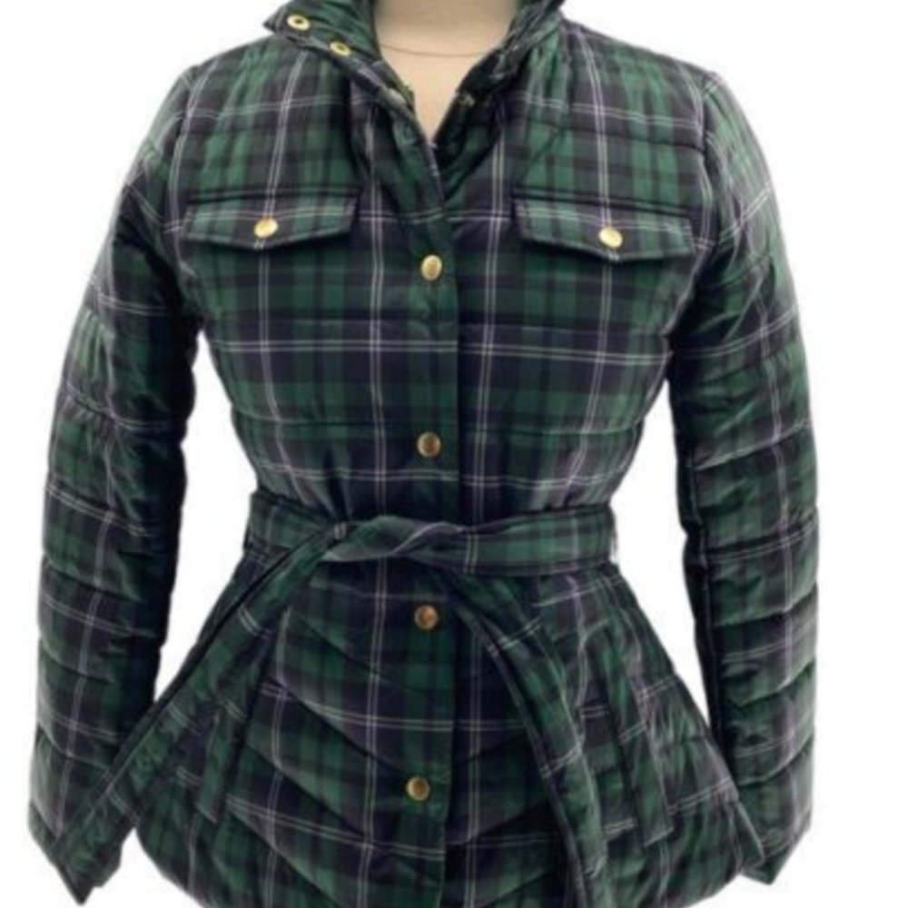 J. Crew Puffer Jacket Tartan Blue Green Plaid Belted